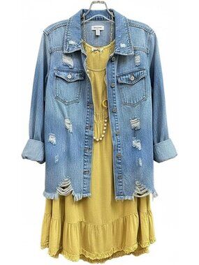 Women's Light Blue Ripped Distressed Button Down Mid Long Casual Jean Jacket